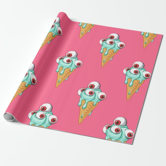 Papel De Presente Blue ice cream with eyes. Pink background. Seamles (Desenrolado)