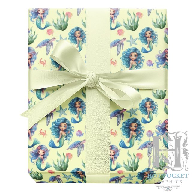 Papel De Presente Blue Mermaid Birthday Gift Wrap in Yellow (Criador carregado)