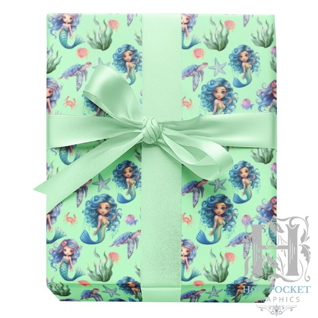 Papel De Presente Blue Mermaids Gift Wrapping Paper in Green (Criador carregado)