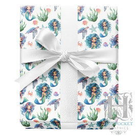 Papel De Presente Blue Mermaids Gift Wrapping Paper in White