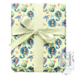 Papel De Presente Blue Mermaids Gift Wrapping Paper in Yellow