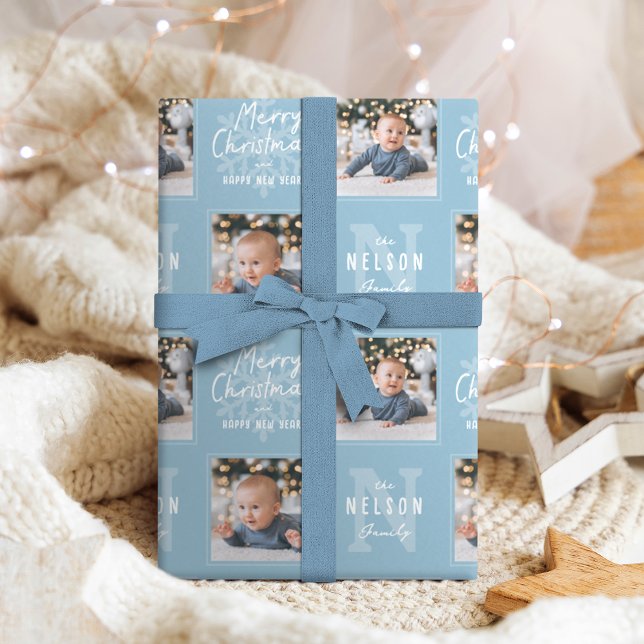 Papel De Presente Blue Merry Christmas Calligraphy Family 2 photo (Blue Merry Christmas Calligraphy Family 2 photo Wrapping Paper)