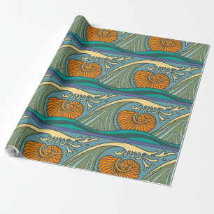 Papel De Presente Blue Ocean Waves Nautilus Seashell Patterno Nouvea