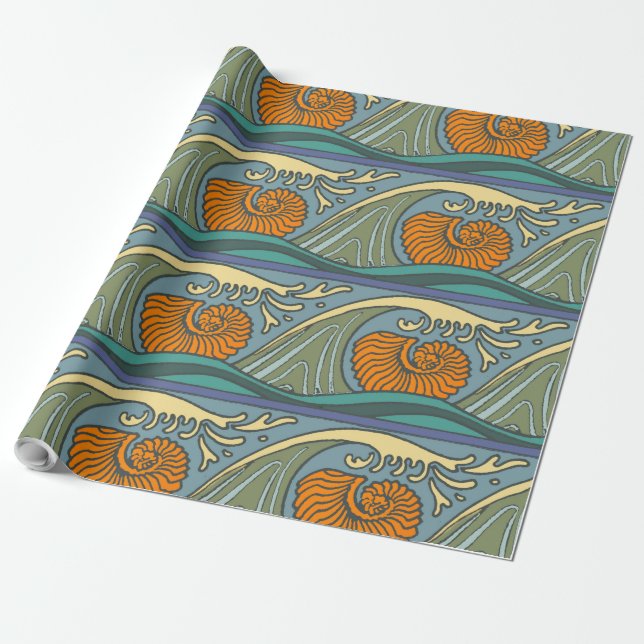 Papel De Presente Blue Ocean Waves Nautilus Seashell Patterno Nouvea (Desenrolado)
