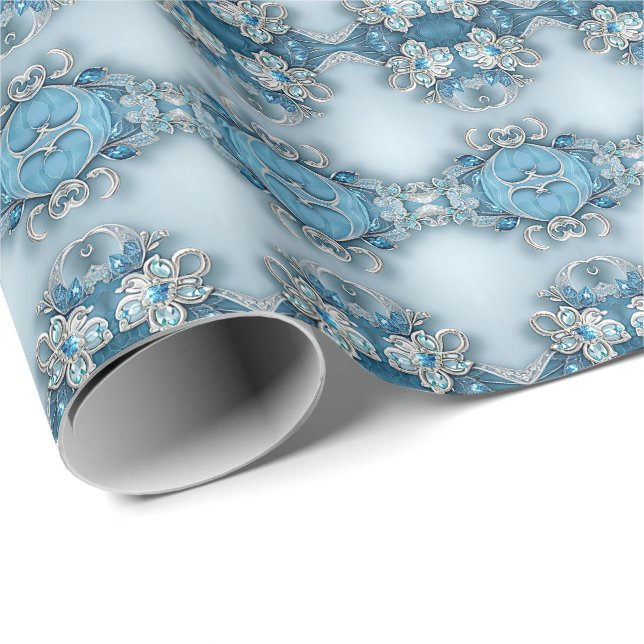 Papel De Presente Blue Ornate Floral Wrapping Paper (Ponta do rolo)