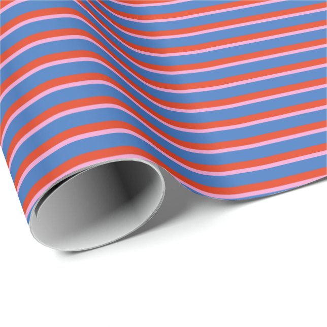 Papel De Presente Blue Red Pink Retro Stripe Gift Wrap Pattern (Ponta do rolo)