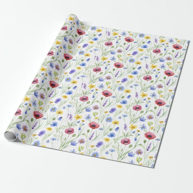 Papel De Presente Blue Red Watercolor Wildflower (Desenrolado)