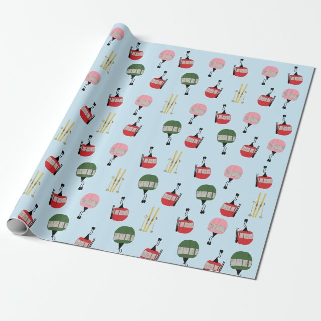 Papel De Presente Blue Retro Ski Lift Gondola Winter Skiing (Desenrolado)