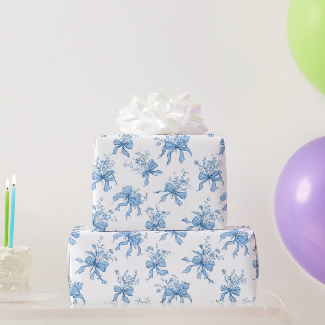 Papel De Presente Blue Ribbons and Bows Toile Coquette Pattern  (Presentes para festas)