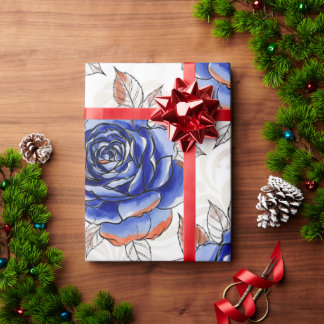 Papel De Presente Blue Rose Watercolor Pattern Wrapping Paper