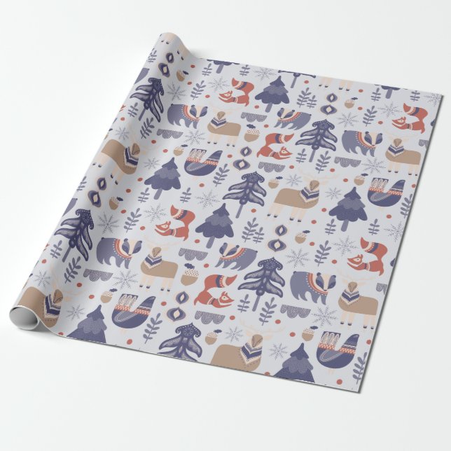 Papel De Presente Blue Scandinavian Winter Fox Badger (Desenrolado)