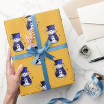 Papel De Presente Blue Snowman Christmas<br><div class="desc">Um papel de embrulho cômico,  com um bonitinho bonitinho de neve vestido com um chapéu de veludo azul e colete,  cercado por estrelas azuis sobre fundo de ouro no Natal.</div>