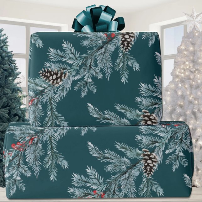 Papel De Presente Blue Spruce Cones Red Ilex Berries Garland (Criador carregado)