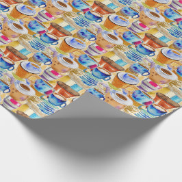 Papel De Presente Blue Terracotta Coffee Cups Abstrato Watercolor