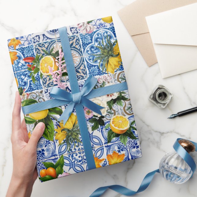 Papel De Presente Blue Tiles Mediterranean Pattern (Presentear)