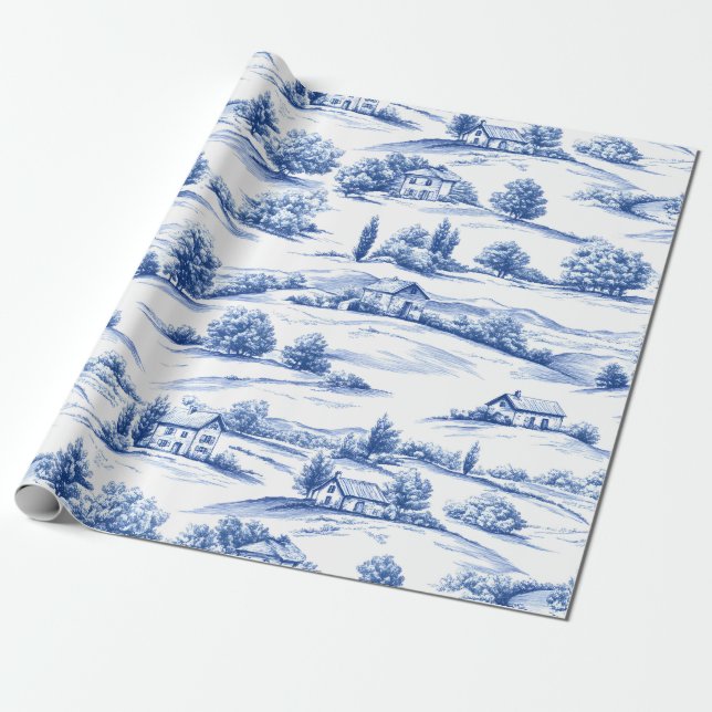 Papel De Presente Blue Toile Countryside Scene (5) (Desenrolado)