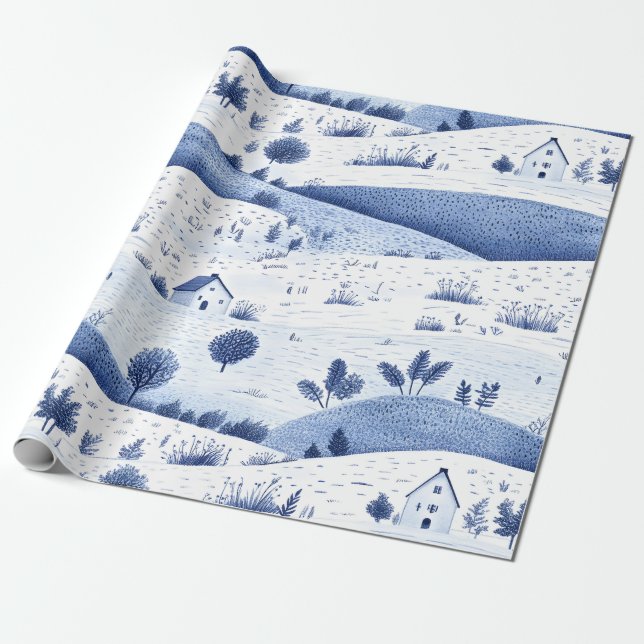 Papel De Presente Blue Toile Countryside Scene (6) (Desenrolado)