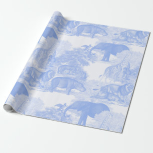 Papel De Presente Blue Toile Selgle Animais Safari Chinoiserie