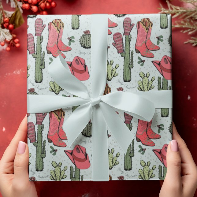 Papel De Presente Blue Western Howdy (Hand-Drawn Western "Howdy Christmas" Pattern. Cowboy Boots, Hats, Cactus, Holly Berries & Stars.)