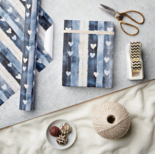 Papel De Presente Blue White Denim Heart Stripes Birthday