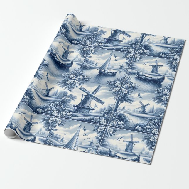 Papel De Presente Blue & White Dutch Landscape Pattern • Tile-Inspir (Desenrolado)