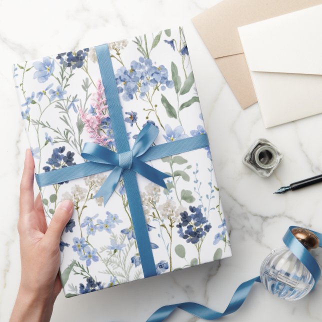 Papel De Presente Blue Wildflower Watercolor (Presentear)