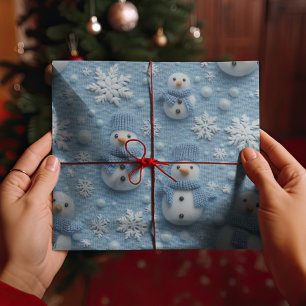 Papel De Presente Blue Winter Christmas Sowman & Snowflakes