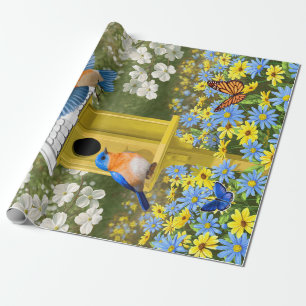 Papel De Presente Bluebird e Birdhouse redondos