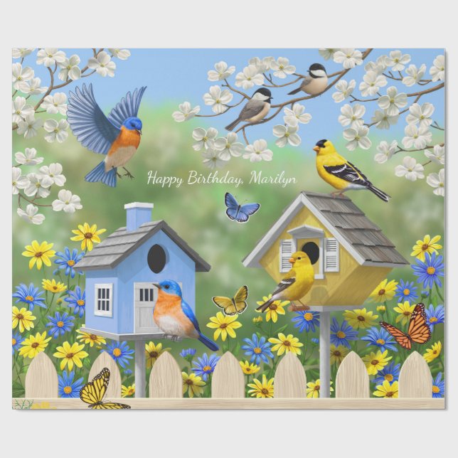 Papel De Presente Bluebird Goldfinches Birdhouses Fllower Garden (Aberto)