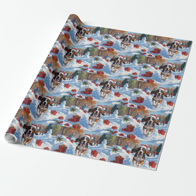Papel De Presente Bluetick Coonhound Correndo na Neve com Natal  (Desenrolado)