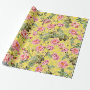 Papel De Presente Blush Antique Redouté Rosas com padrão amarelo