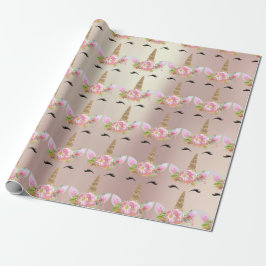 Papel De Presente Blush de Rosa Floral Dourado Brilhante do Unicorn