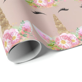 Papel De Presente Blush de Rosa Floral Dourado Brilhante do Unicorn