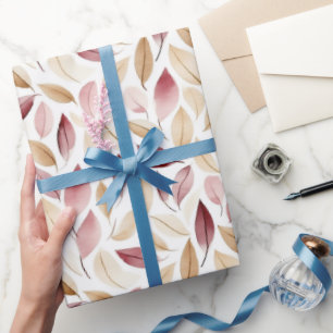 Papel De Presente Blush Dourado Creme Folhas Vermelhas Aniversário