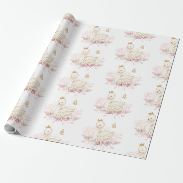 Papel De Presente Blush Floral Swan Princesa Chá de fraldas Aniversá (Desenrolado)