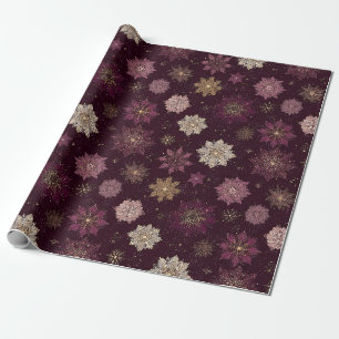 Papel De Presente Blush Rosa Dourado Poinsettia Floral de Inverno