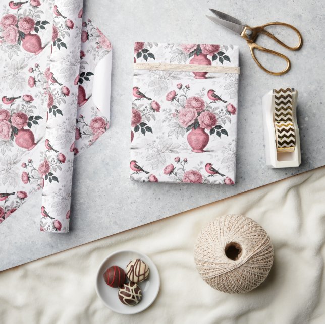 Papel De Presente Blush Rosa e Branco Padrão Toile Chinoiserie (Artesanato)