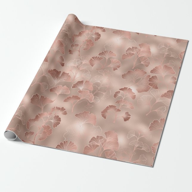 Papel De Presente Blush Rosa Folhas de Ginkgo Elegante Botânico (Desenrolado)