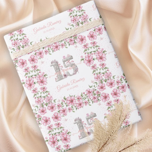 Papel De Presente Blush Rosa Prata Mis Quince Quinceañera  (Criador carregado)