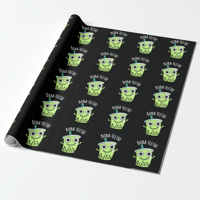 Papel De Presente Boba Teeth Engraçado Boba Tea Pun Dark BG (Desenrolado)