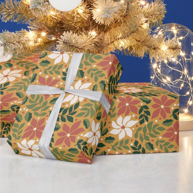 Papel De Presente Boho Amarelo Verde Vermelho Floral Natal Feriado  (Feriados)