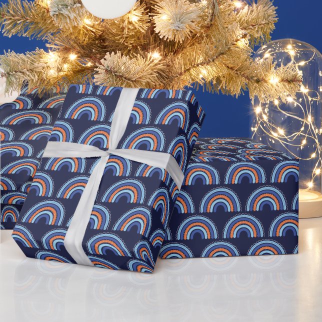 Papel De Presente Boho Arco-íris Laranja e Azul Marinho (Feriados)
