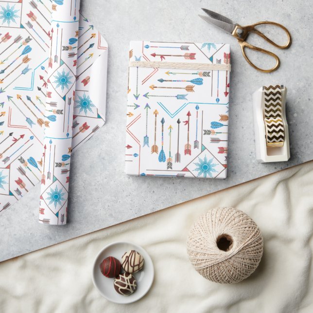 Papel De Presente Boho Arrows e Sun V11 White ID748 (Artesanato)