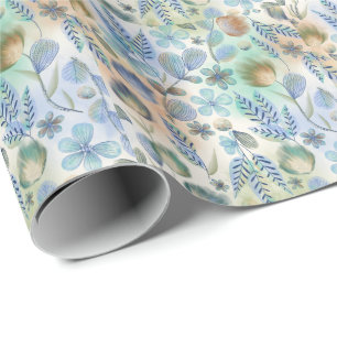 Papel De Presente Boho Azul Verde Floral Botânico Caprichoso 
