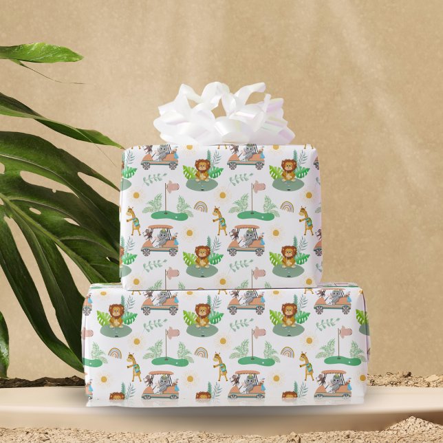 Papel De Presente Boho Baby Elephant, Macaco, Leão Golf Baby Padrão (Boho-themed baby shower wrapping paper: Swing into wild and playful vibes!)