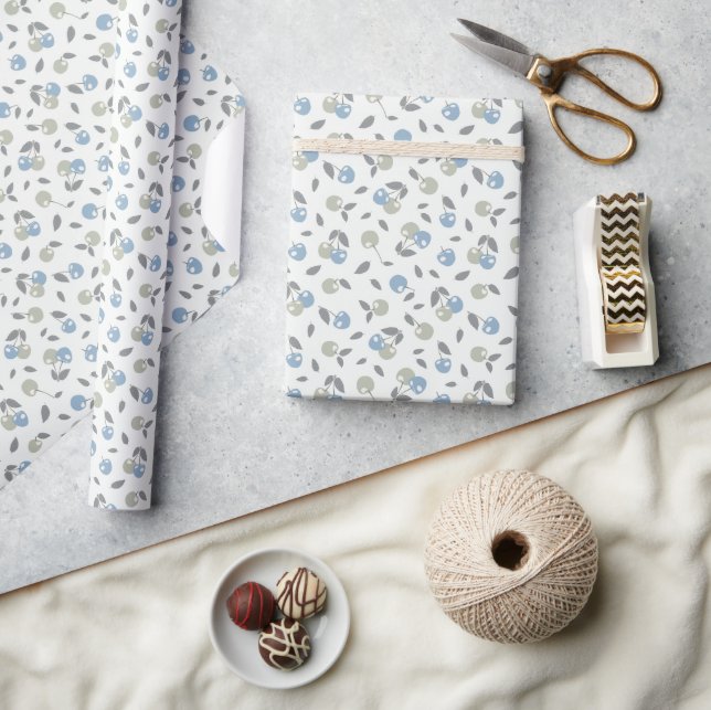 Papel De Presente Boho Beach Cherries - padrão de frutas azul sálvia (Artesanato)