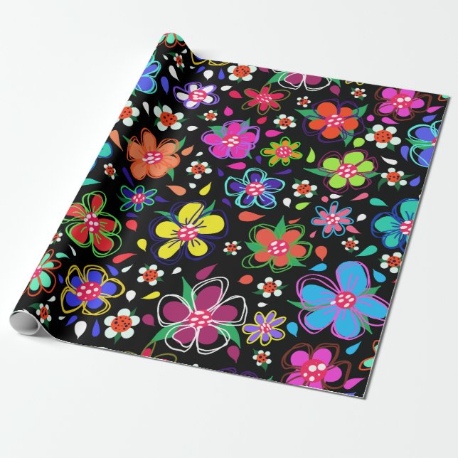 Papel De Presente Boho Bright Flores a preto em qualquer ocasião (Desenrolado)