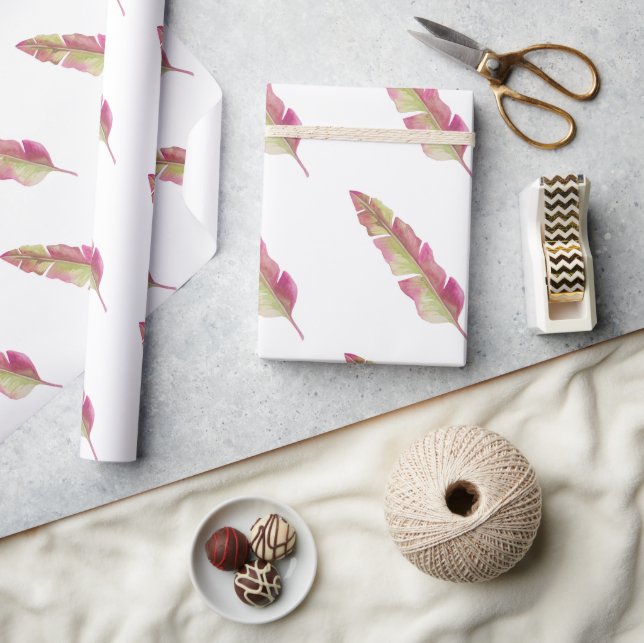 Papel De Presente Boho Chic Pink and Green Feather Wrappaper (Artesanato)