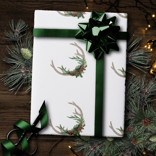 Papel De Presente Boho Deer Antlers | Floral Russo de Natal Vermelho (Criador carregado)