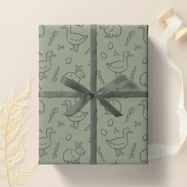 Papel De Presente Boho Easter Bunny Rabbit Goose Spring Sage Green (Criador carregado)